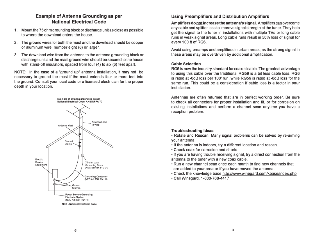 Winegard SP-1002 Example of Antenna Grounding as per National Electrical Code, Cable Selection, Troubleshooting Ideas 