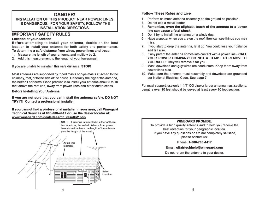 Winegard SP-1004 Important Safety Rules, Follow These Rules and Live, Location of your Antenna, Winegard Promise, Danger 
