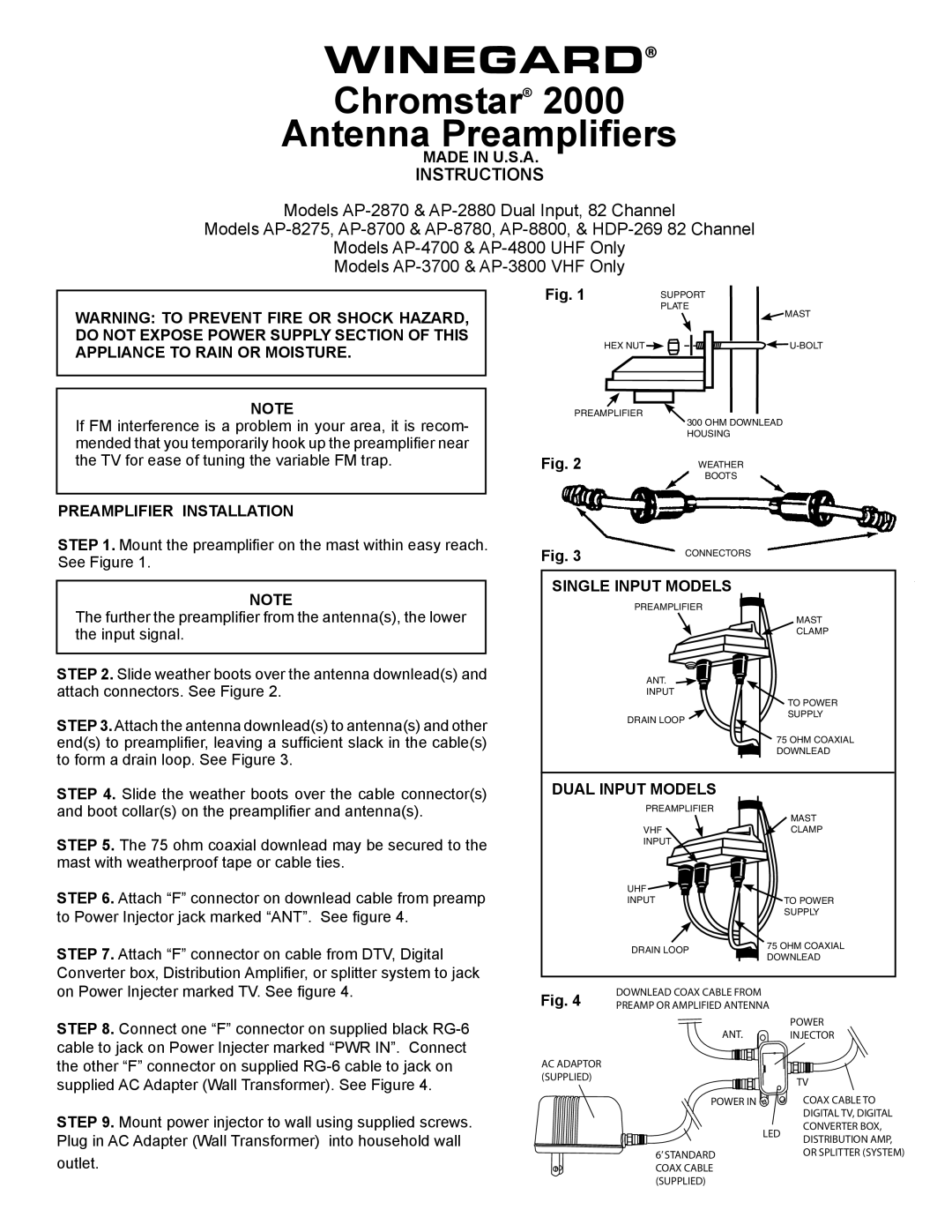 Winegard AP8700 manual Winegard, Chromstar Antenna Preamplifiers, Instructions 