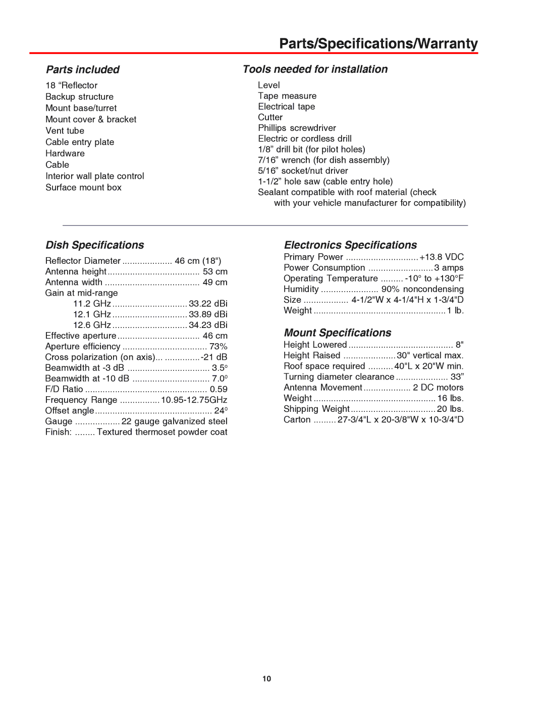 Winegard AS-2053, AS-2003 installation manual Parts/Specifications/Warranty, Parts included 