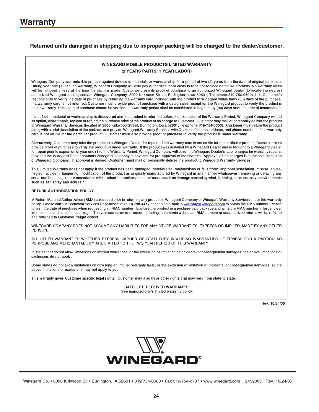 Winegard AS-2053, AS-2003 installation manual Warranty, Return Authorization Policy 