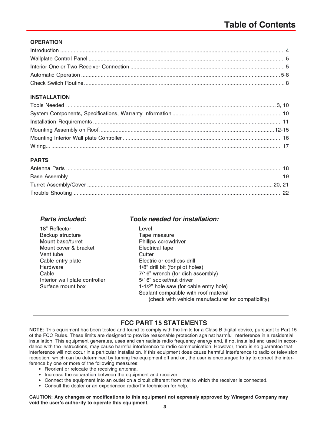 Winegard AS-2003, AS-2053 installation manual Table of Contents 