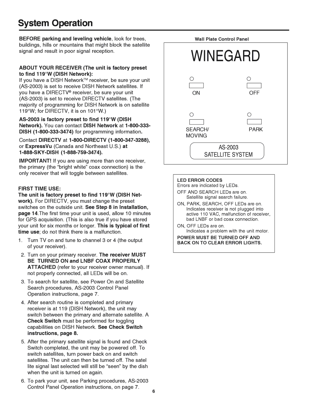 Winegard AS-2053, AS-2003 installation manual System Operation, First Time USE 