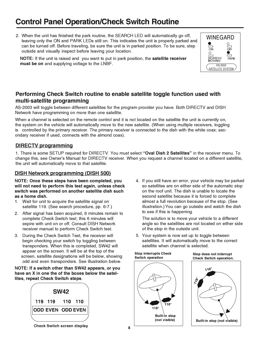 Winegard AS-2053, AS-2003 installation manual Control Panel Operation/Check Switch Routine 