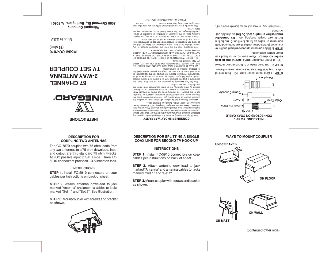 Winegard CC-7870 warranty Coupler SET TV Antenna WAY-2 Channel, Instructions, Description for Coupling TWO Antennas 