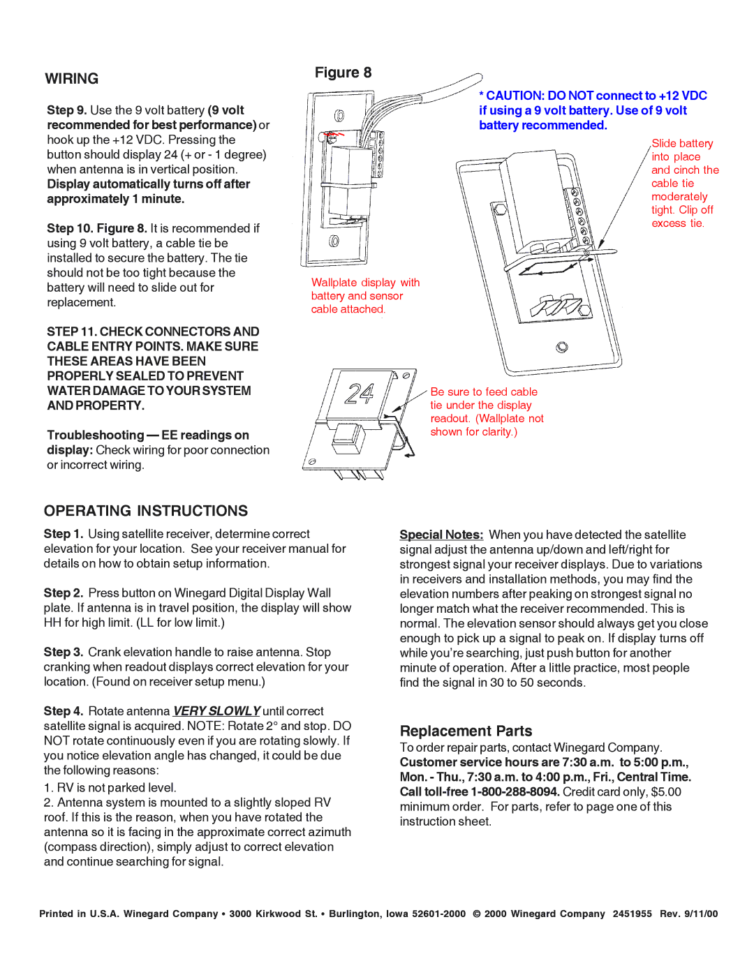 Winegard DE-4600, DE-4646 manual Wiring, Replacement Parts 