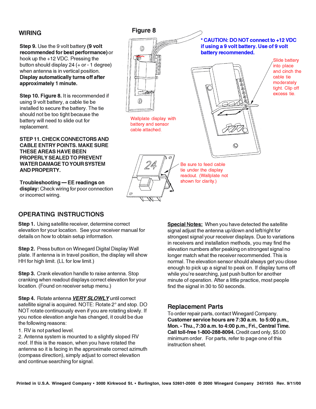 Winegard DE-4600, DE-4646 manual Wiring, Operating Instructions, Replacement Parts 