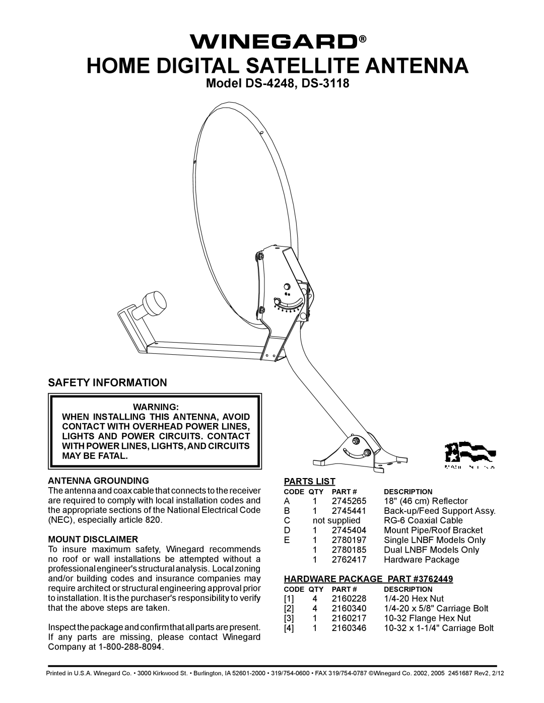 Winegard DS-4248, DS-3118 manual Safety Information, Mount Disclaimer, Parts List, Hardware Package 