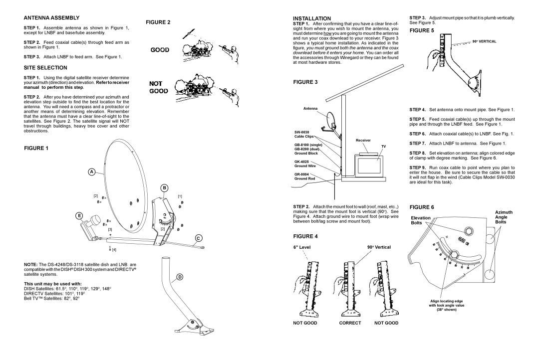 Winegard DS-3118, DS-4248 manual Antenna Assembly Installation, Site Selection, This unit may be used with, Not Good Correct 