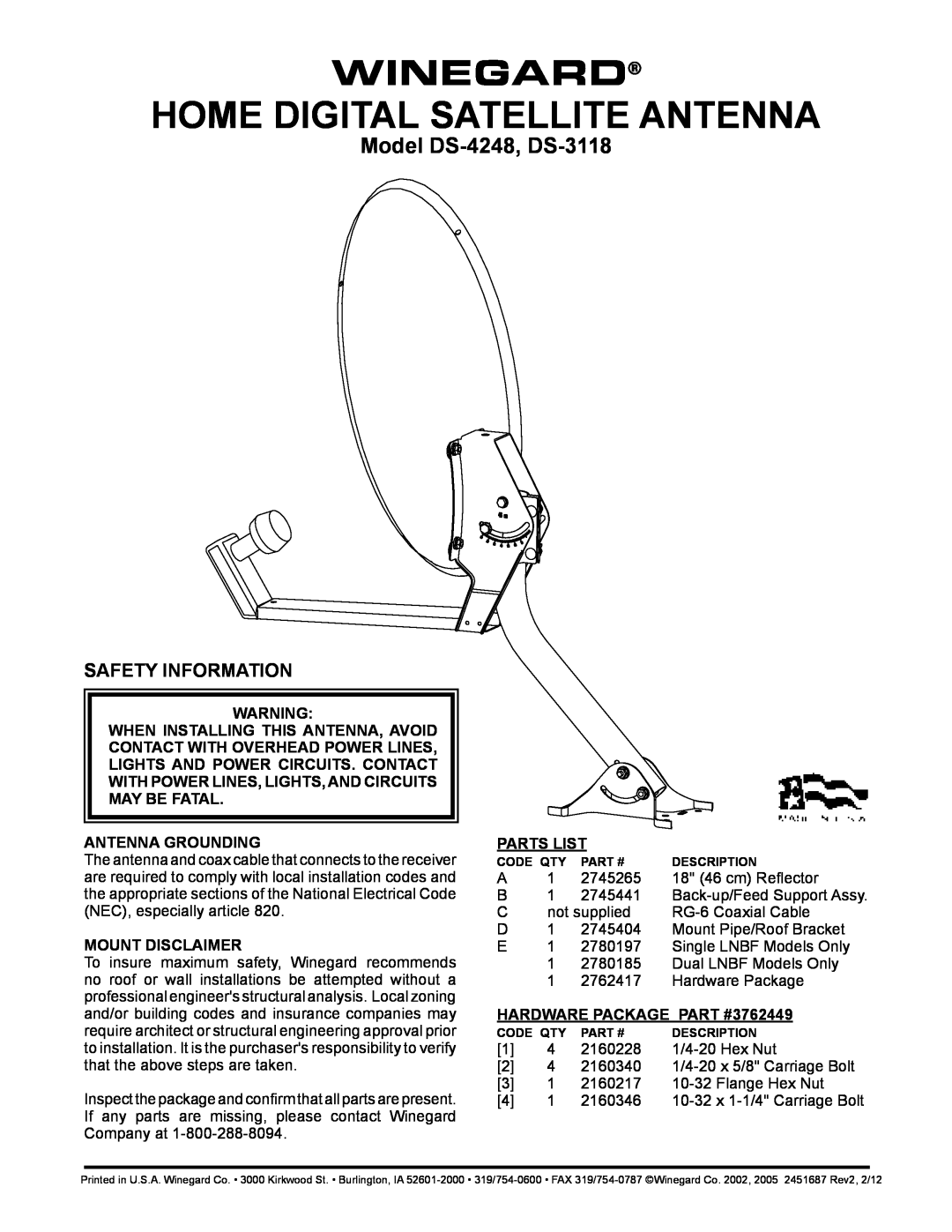 Winegard manual Safety Information, Antenna Grounding, Mount Disclaimer, Parts List, Model DS-4248, DS-3118 
