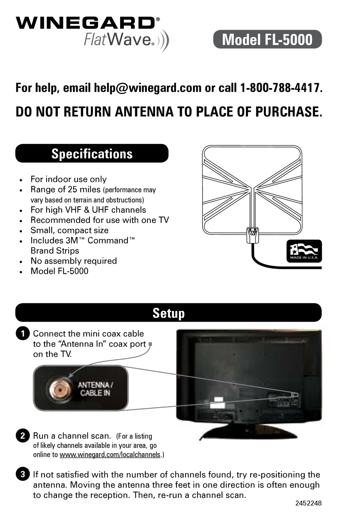 Winegard specifications Model FL-5000, Specifications, Setup 