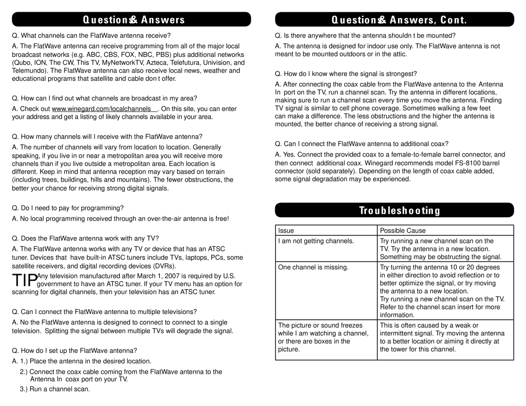 Winegard FL-5000 specifications Questions & Answers, Troubleshooting 