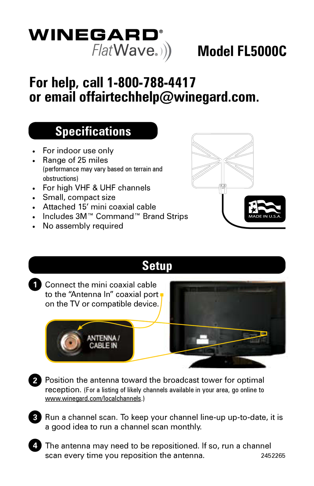 Winegard FL5000C specifications Specifications, Setup 