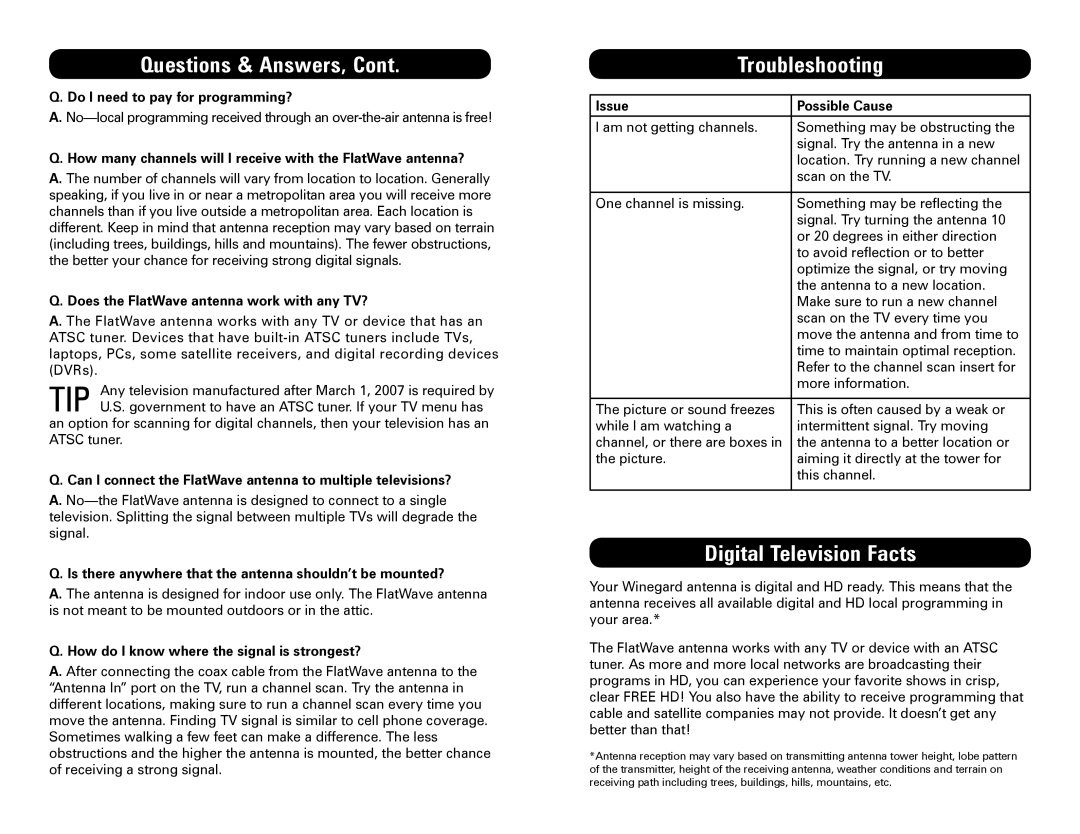 Winegard FL5000C specifications Questions & Answers, Troubleshooting, Digital Television Facts 