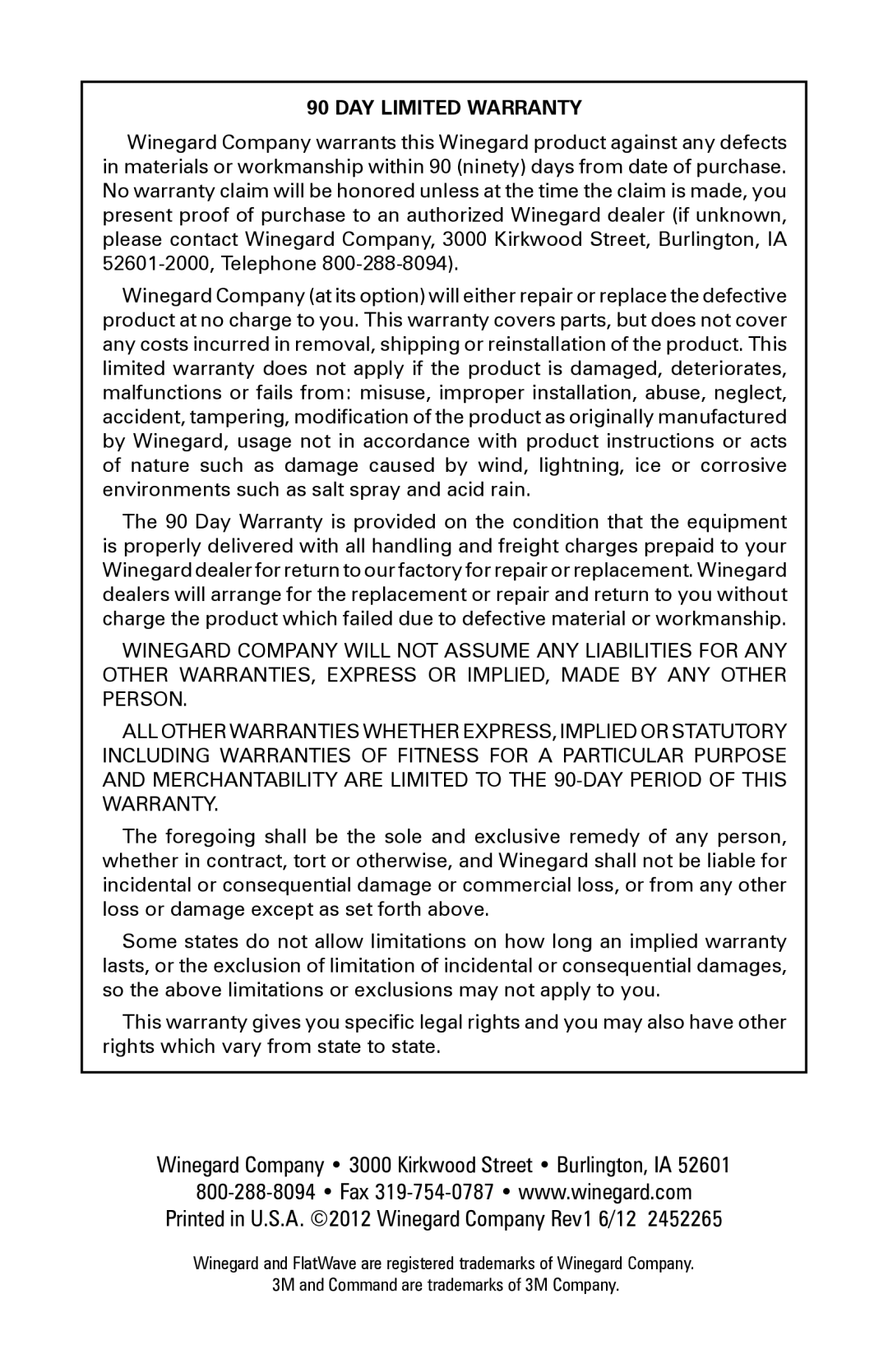 Winegard FL5000C specifications Winegard Company 3000 Kirkwood Street Burlington, IA 