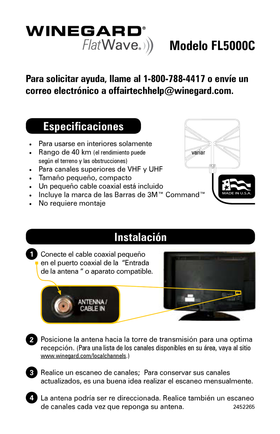 Winegard FL5000C specifications Especificaciones, Instalación 