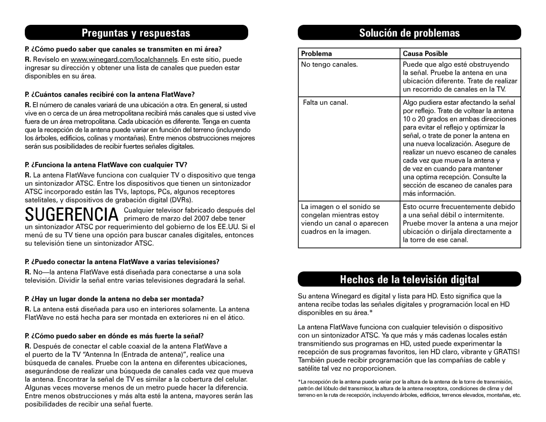 Winegard FL5000C specifications Solución de problemas, Hechos de la televisión digital 