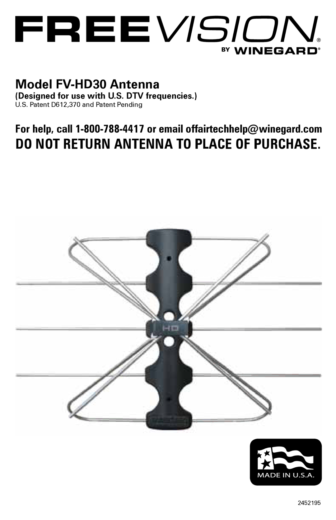 Winegard manual Model FV-HD30 Antenna, Patent D612,370 and Patent Pending 