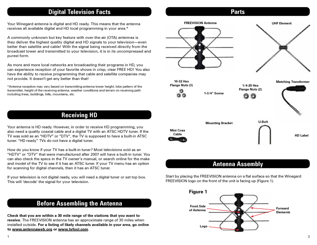 Winegard FV-HD30 manual Digital Television Facts, Receiving HD, Before Assembling the Antenna Parts, Antenna Assembly 