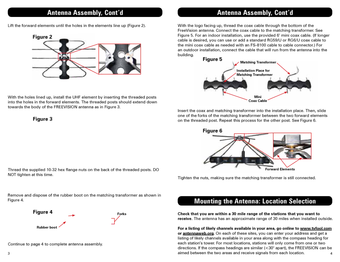 Winegard FV-HD30 manual Antenna Assembly, Cont’d, Mounting the Antenna Location Selection 