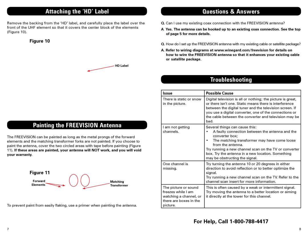 Winegard FV-HD30 manual Attaching the ‘HD’ Label, Painting the Freevision Antenna, Questions & Answers, Troubleshooting 