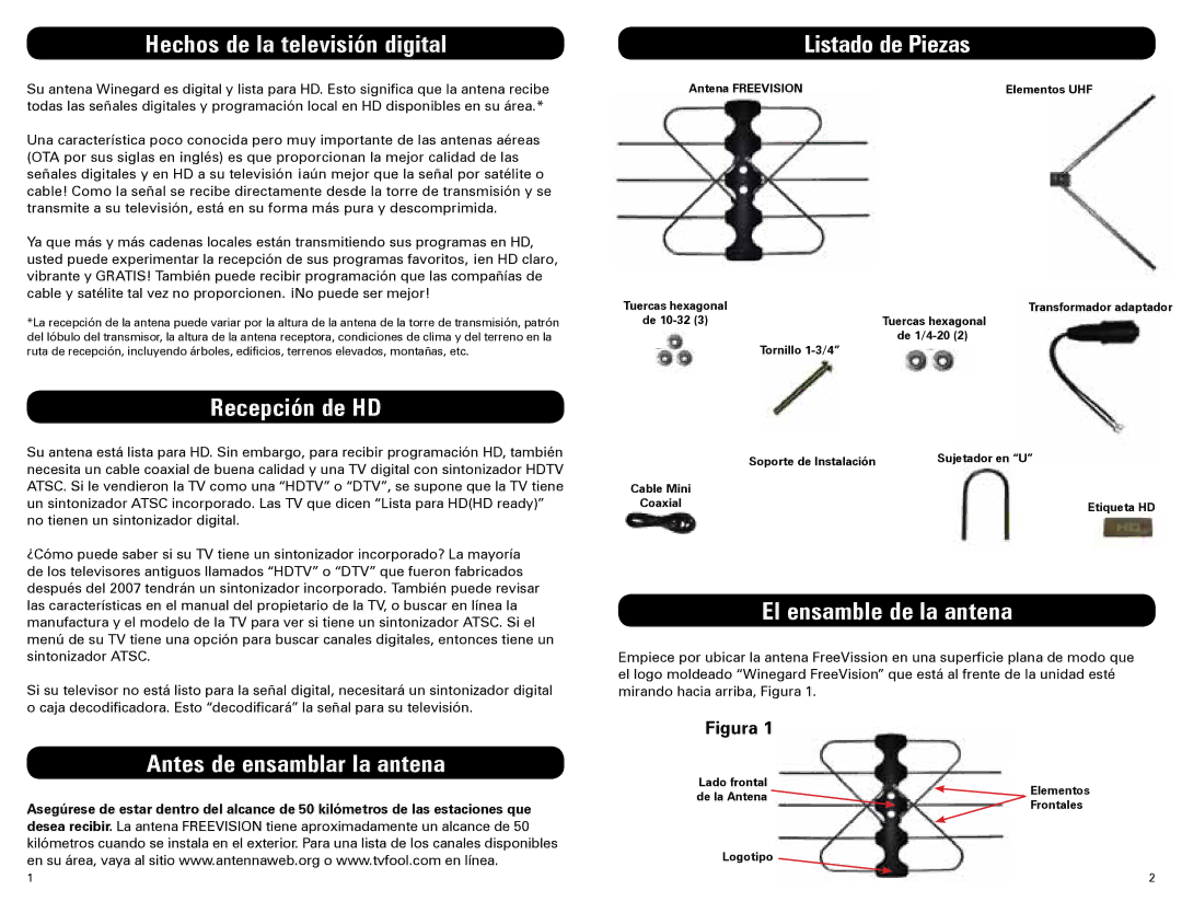 Winegard FV-HD30 manual Hechos de la televisión digital, Recepción de HD, Antes de ensamblar la antena Listado de Piezas 