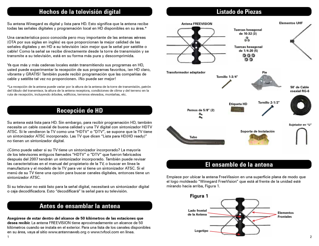 Winegard FV-HDCO, FV-HDC3 Hechos de la televisión digital, Recepción de HD, Antes de ensamblar la antena Listado de Piezas 