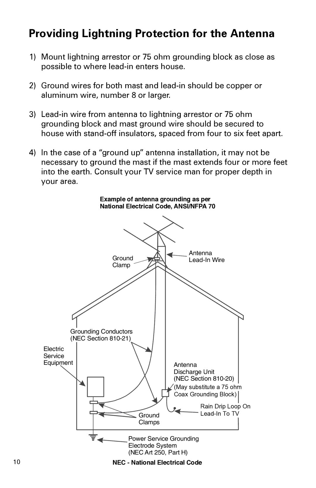 Winegard FVHD45C, FV-HD45 installation instructions Providing Lightning Protection for the Antenna 