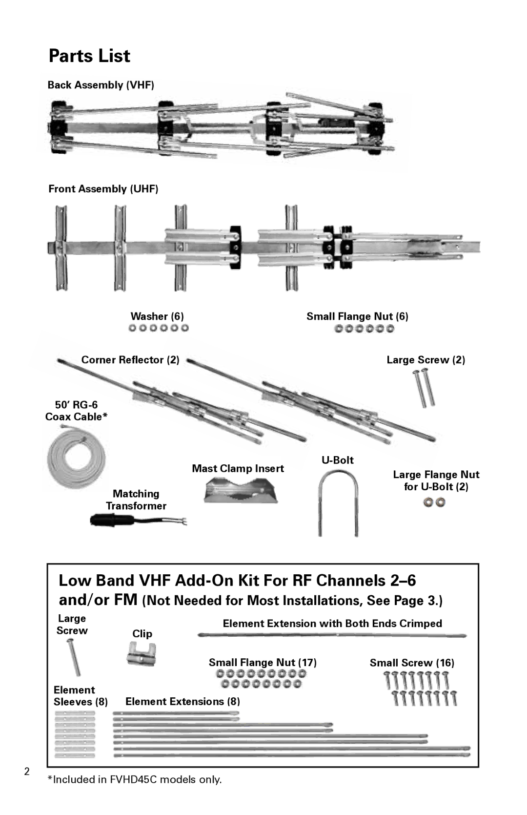 Winegard FVHD45C, FV-HD45 installation instructions Parts List 