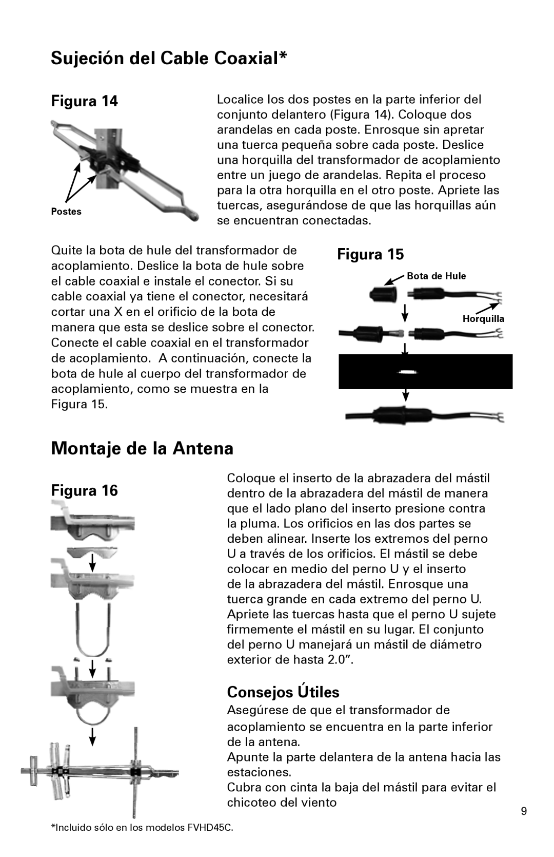 Winegard FV-HD45, FVHD45C installation instructions Sujeción del Cable Coaxial, Montaje de la Antena 