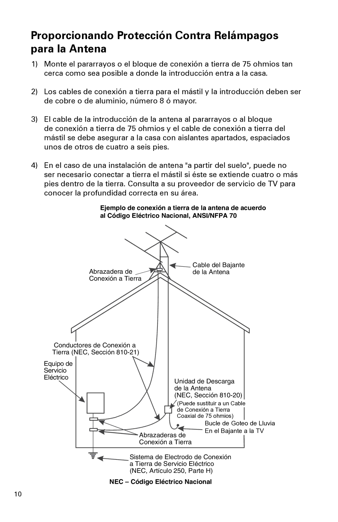 Winegard FVHD45C, FV-HD45 installation instructions Proporcionando Protección Contra Relámpagos para la Antena 