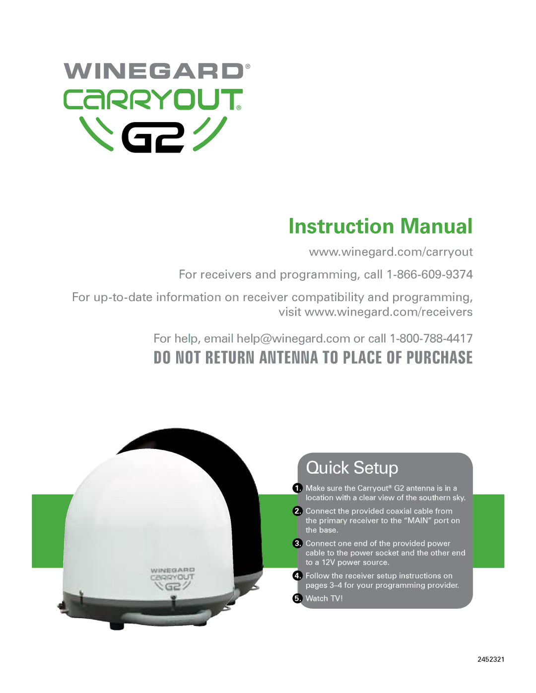 Winegard G2 instruction manual Do not return antenna to place of purchase 