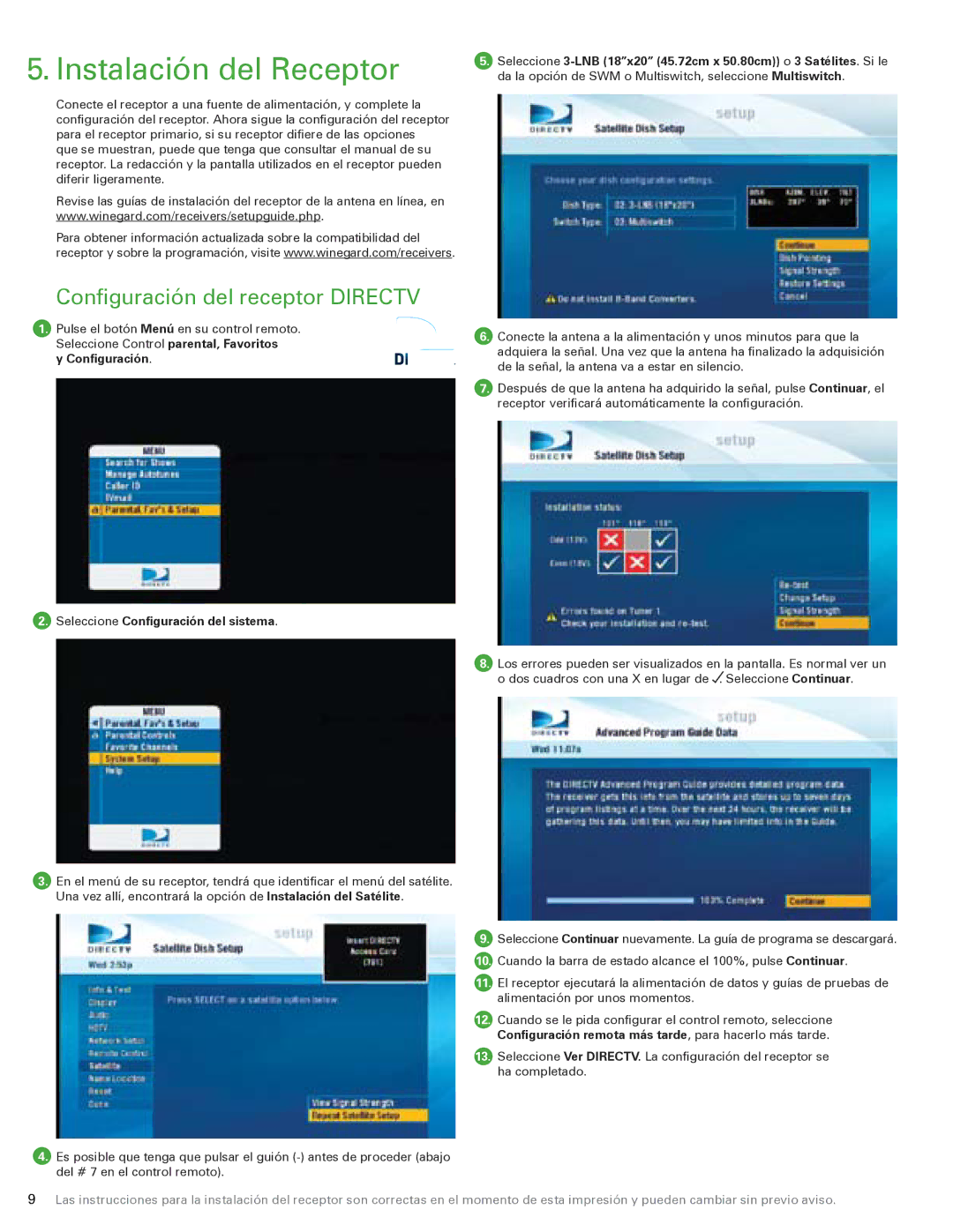 Winegard G2 instruction manual Instalación del Receptor, Configuración del receptor Directv 