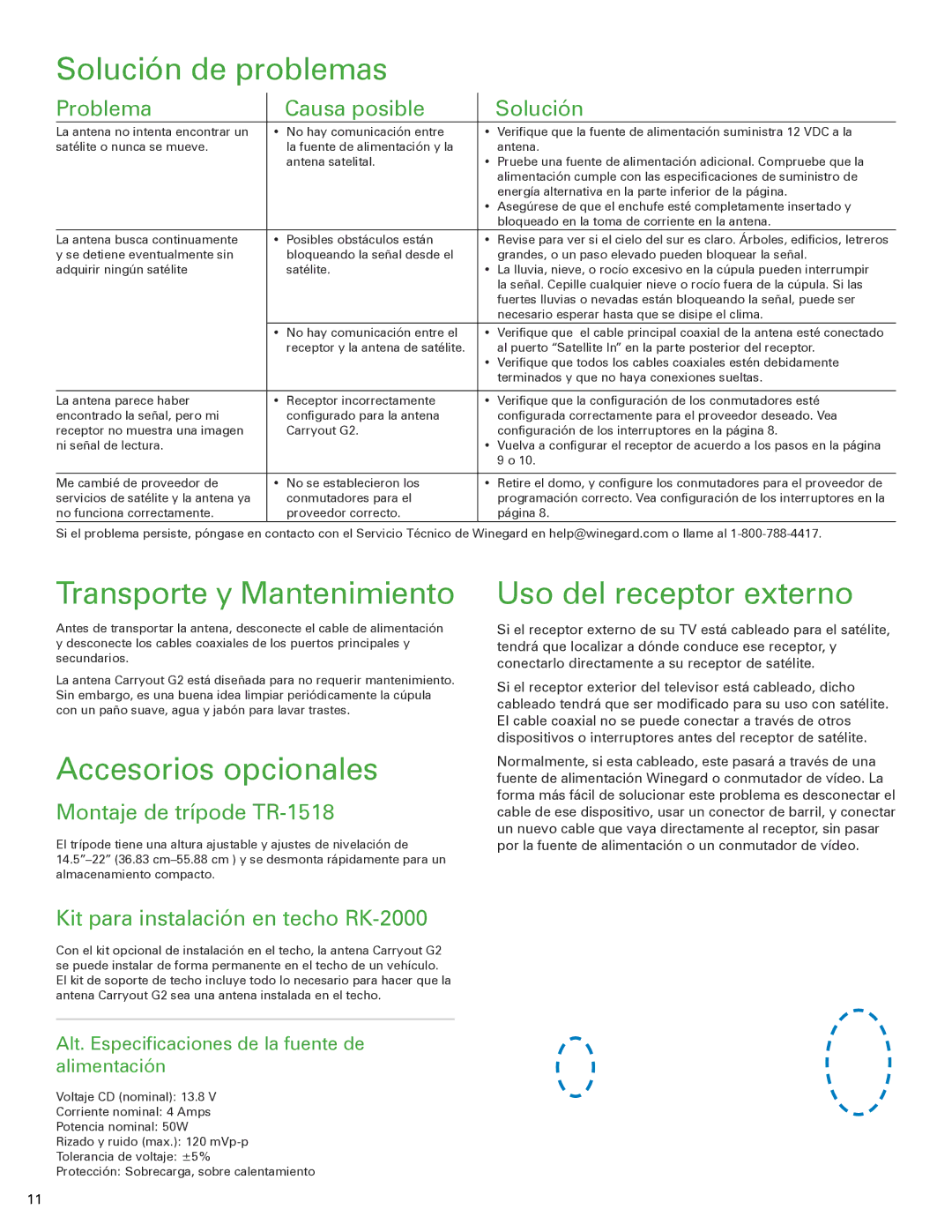 Winegard G2 Solución de problemas, Transporte y Mantenimiento, Accesorios opcionales, Uso del receptor externo 