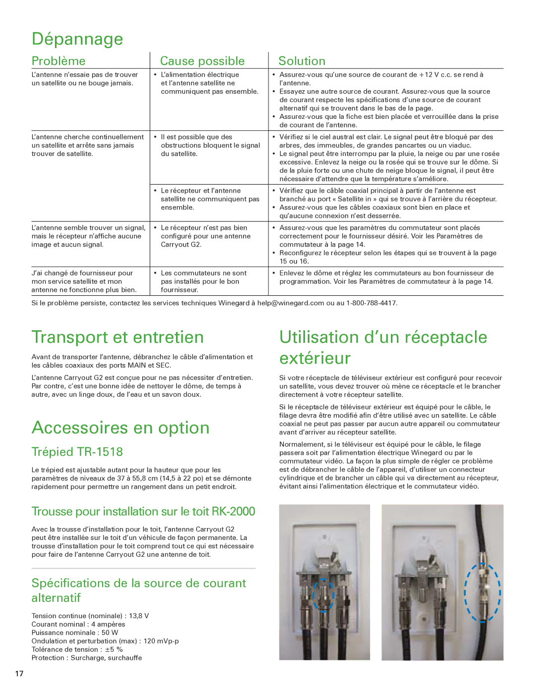 Winegard G2 Dépannage, Transport et entretien, Accessoires en option, Utilisation d’un réceptacle extérieur 