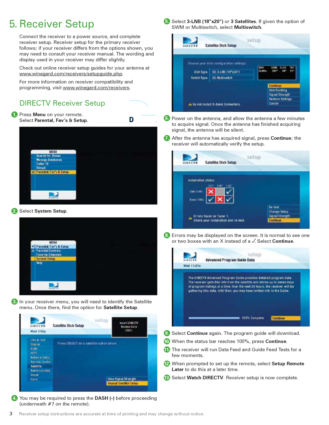 Winegard G2 instruction manual Directv Receiver Setup 