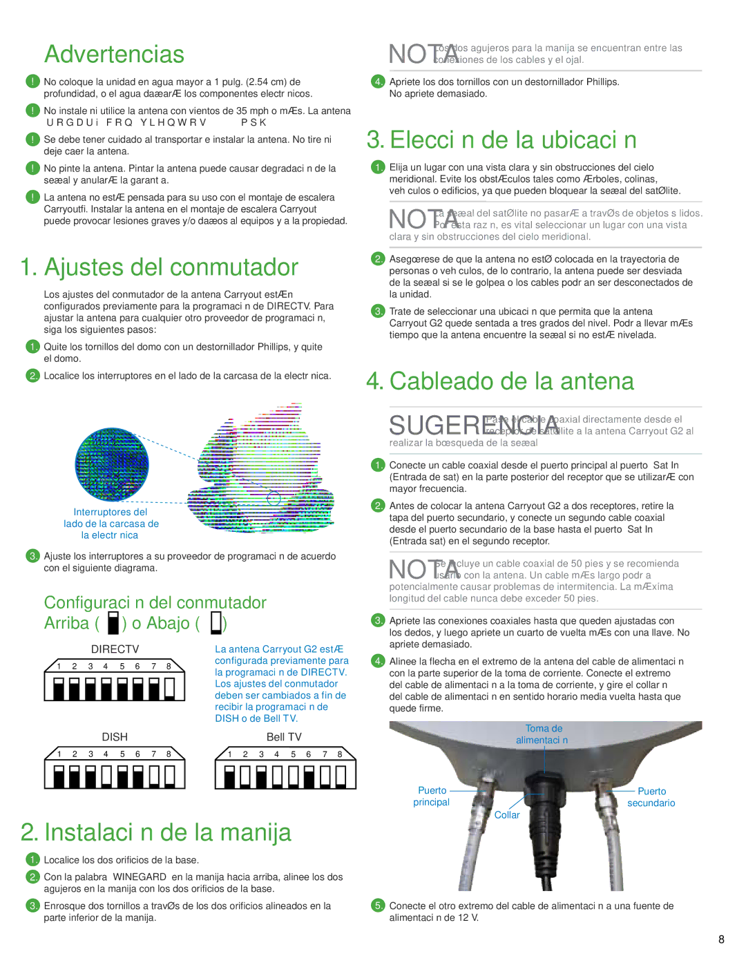 Winegard G2 instruction manual Advertencias, Elección de la ubicación, Ajustes del conmutador, Instalación de la manija 