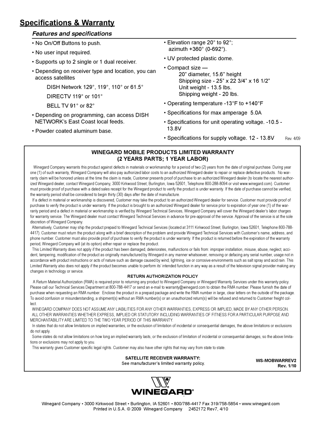 Winegard GM-1518 operation manual Specifications & Warranty, Features and specifications 