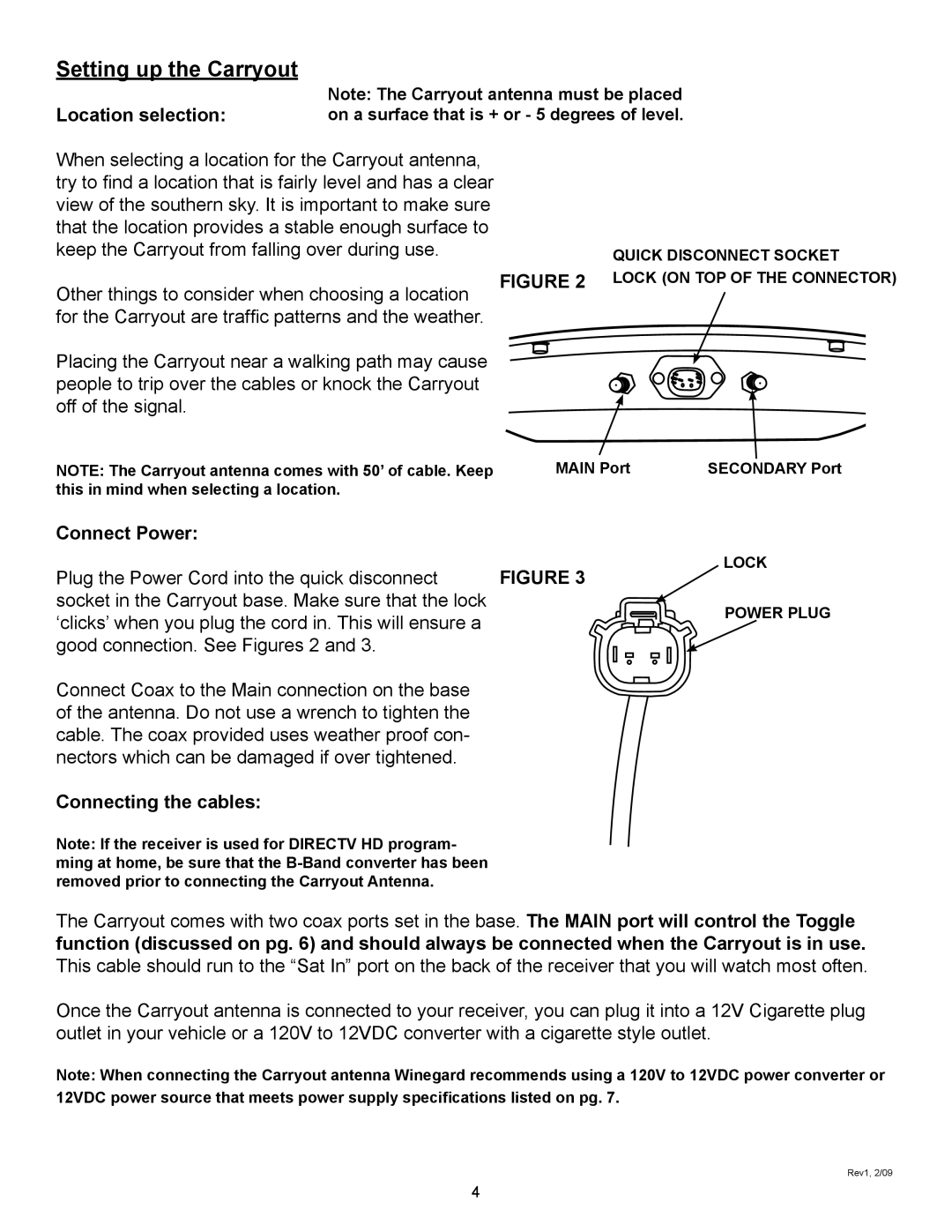 Winegard GM-1518 operation manual Setting up the Carryout, Connect Power, Connecting the cables 