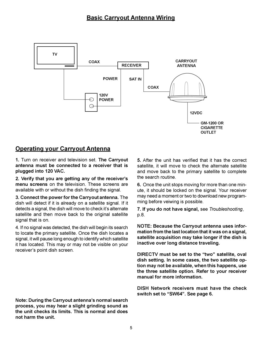 Winegard GM-1518 operation manual Basic Carryout Antenna Wiring, Operating your Carryout Antenna 