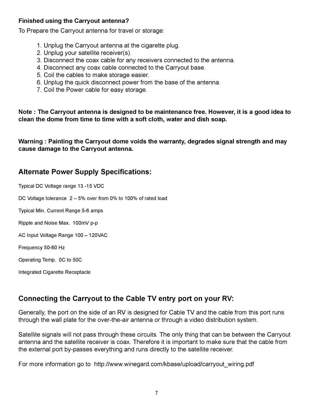 Winegard GM-1518 operation manual Alternate Power Supply Specifications, Finished using the Carryout antenna? 