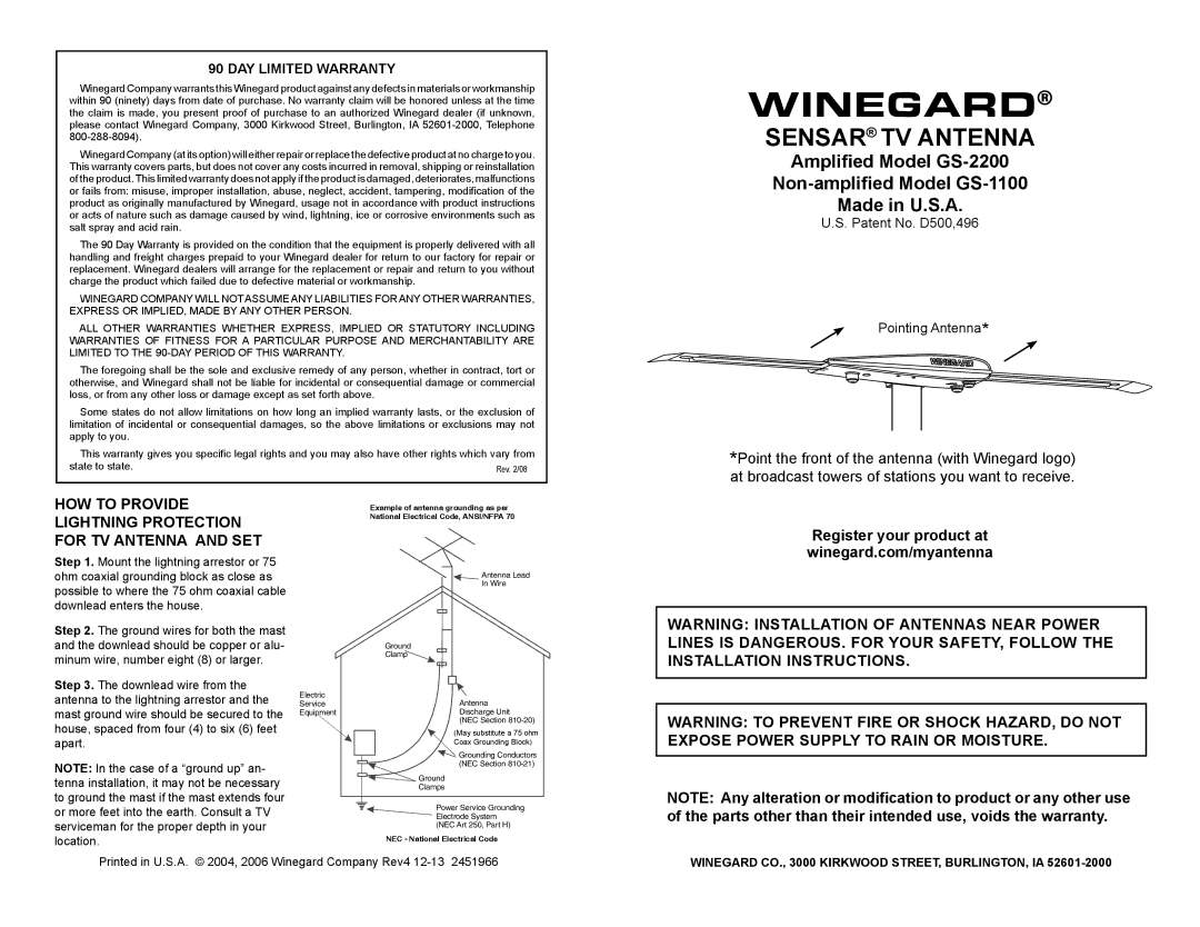 Winegard GS-2200, GS-1100 warranty Winegard, Sensar TV Antenna, HOW to Provide Lightning Protection for TV Antenna and SET 