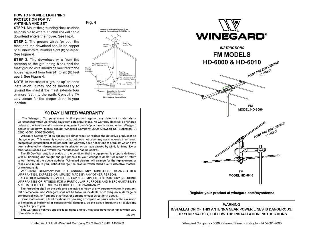 Winegard warranty FM Models, HD-6000 & HD-6010, DAY Limited Warranty 