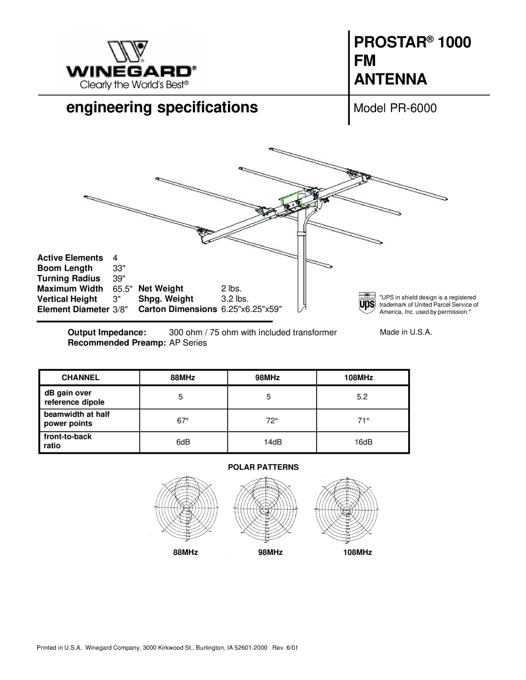 Winegard HD-6000 specifications Prostar, Antenna, Engineering specifications, Model PR-6000, Recommended Preamp AP Series 