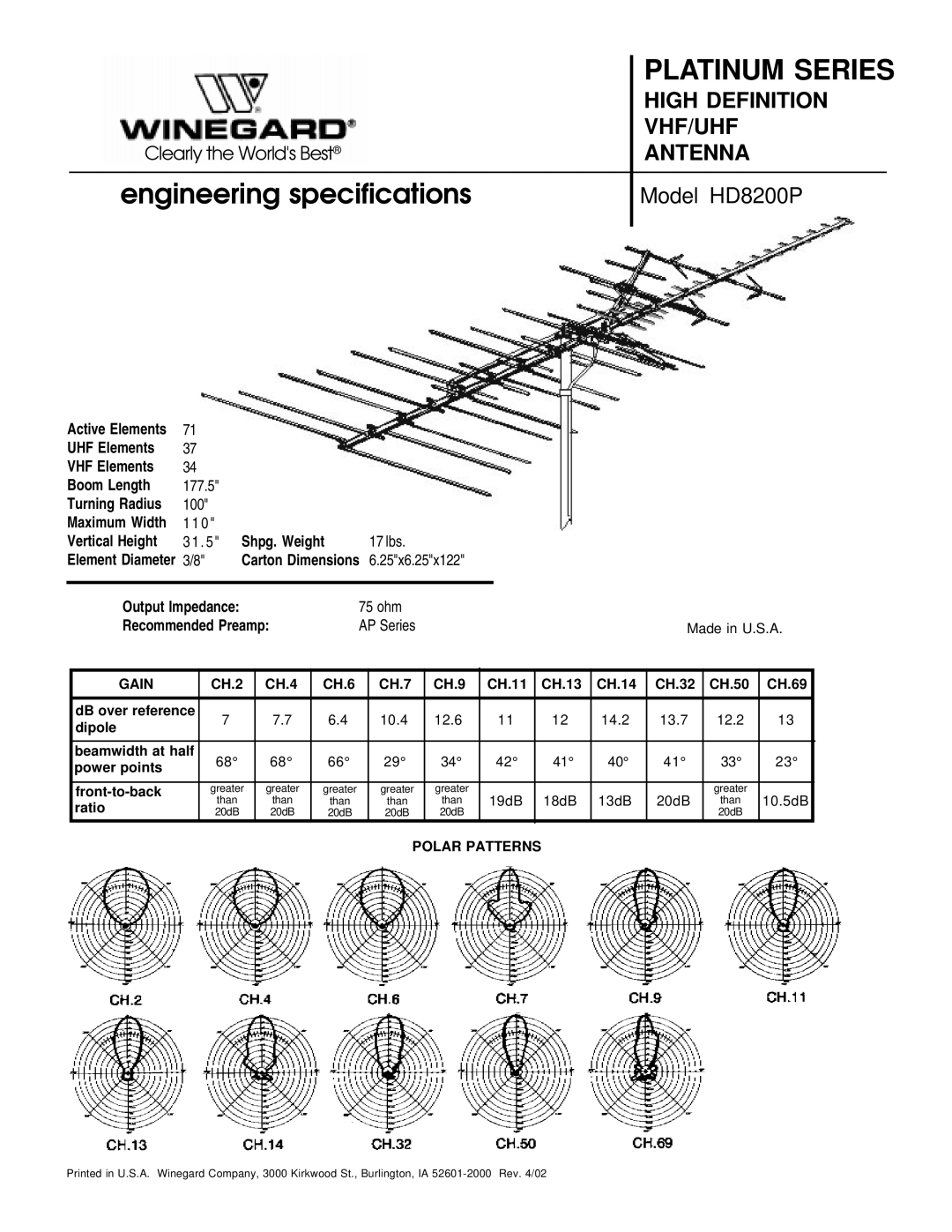 Winegard HD-8200P specifications Engineering specifications, Model HD8200P 