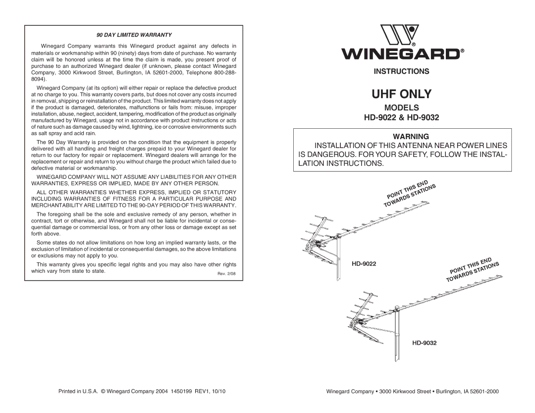 Winegard warranty UHF only, Models, HD-9022 & HD-9032, Instructions 