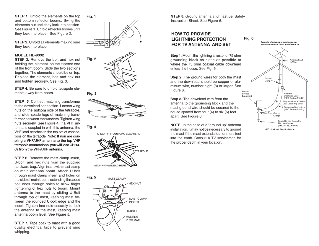 Winegard HD-9022 warranty HOW to Provide Lightning Protection for TV Antenna and SET, Model HD-9032 