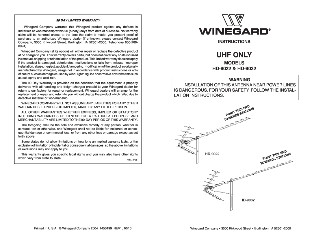Winegard warranty Instructions, Uhf Only, MODELS HD-9022 & HD-9032, Day Limited Warranty 