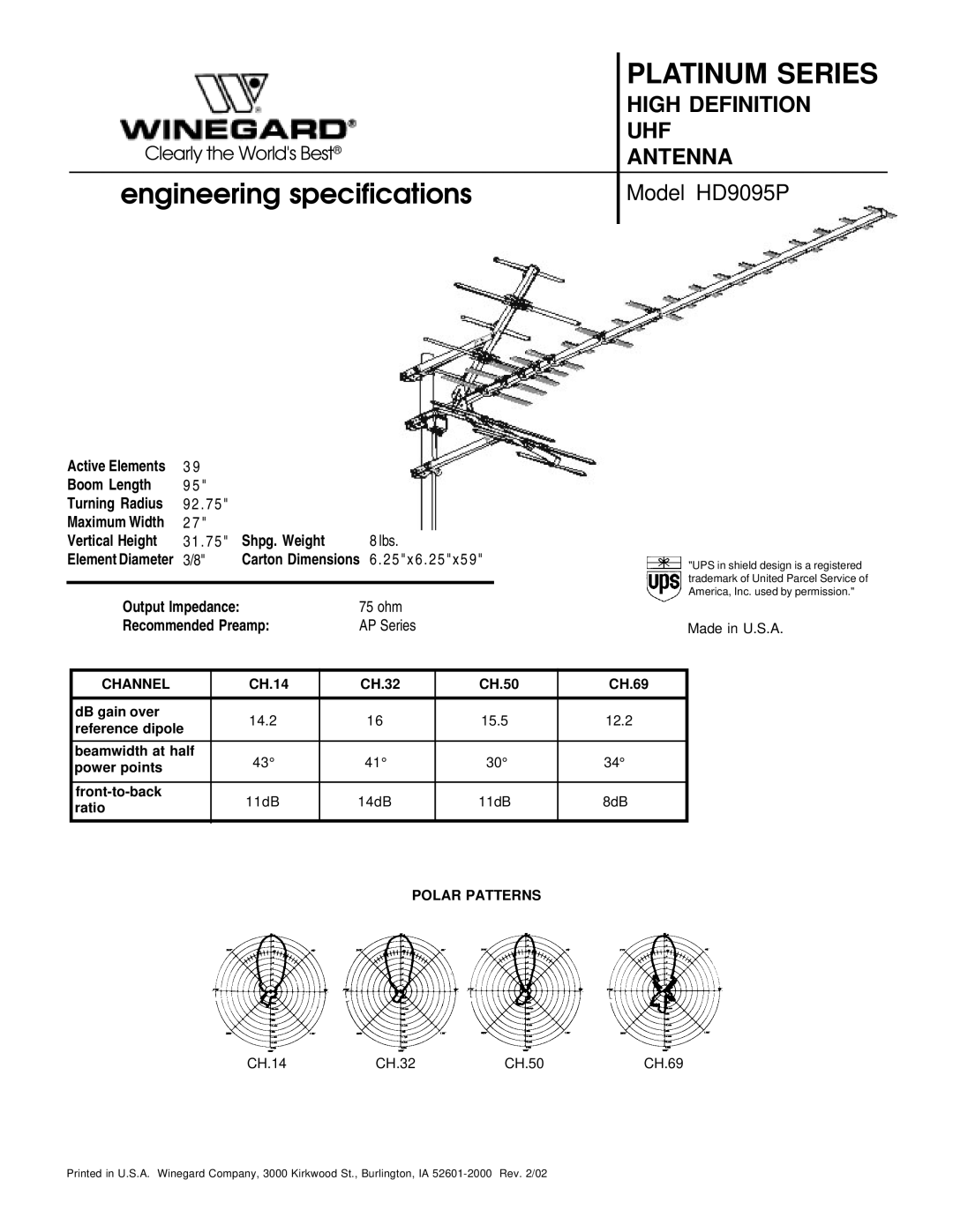 Winegard HD-9095P specifications Platinum Series, Engineering specifications, Model HD9095P 