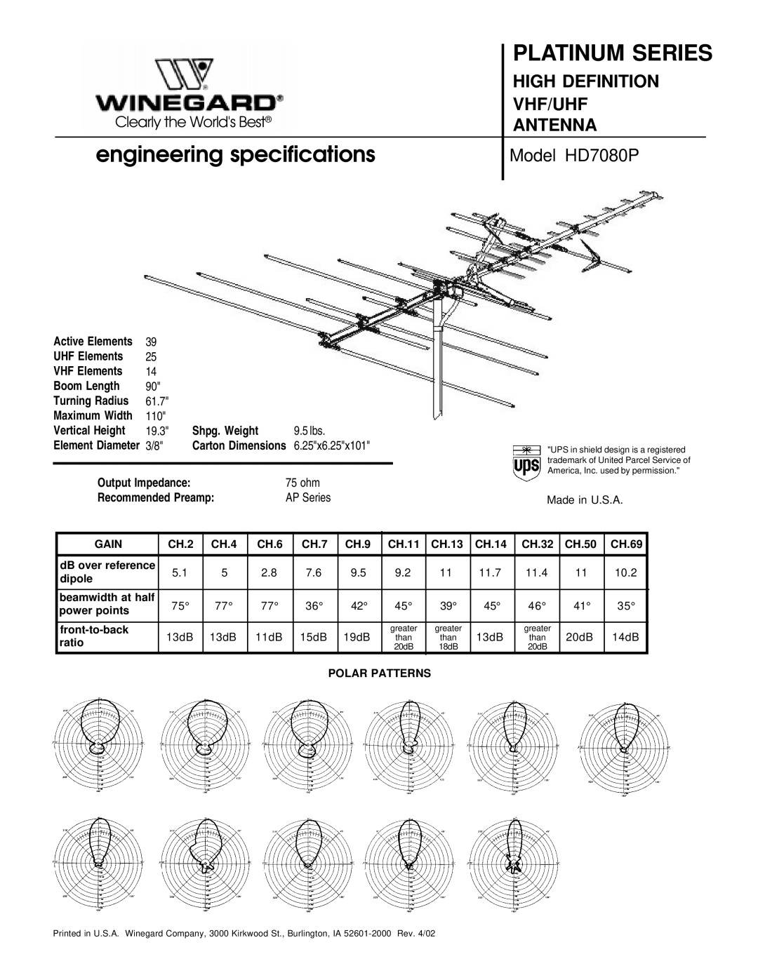 Winegard specifications Engineering specifications, Model HD7080P 